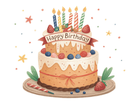Happy birthday cake with colorful candles and fresh fruits on top png