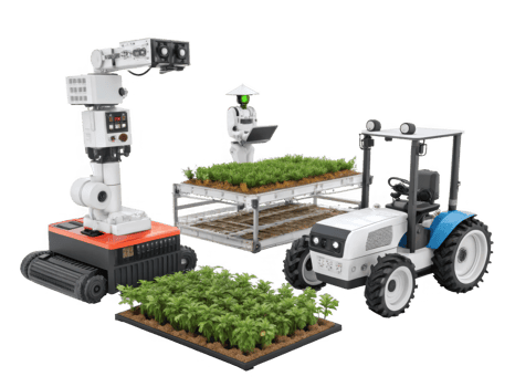 Smart robotic farmers working in modern agricultural setting, showcasing advanced technology in farming png