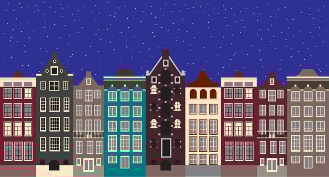 Amsterdam cityscape with buildings and snowflakes vector