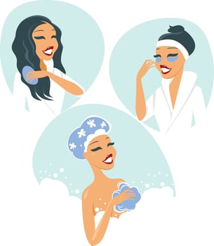 Three women in bathrobes and towels washing their faces vector
