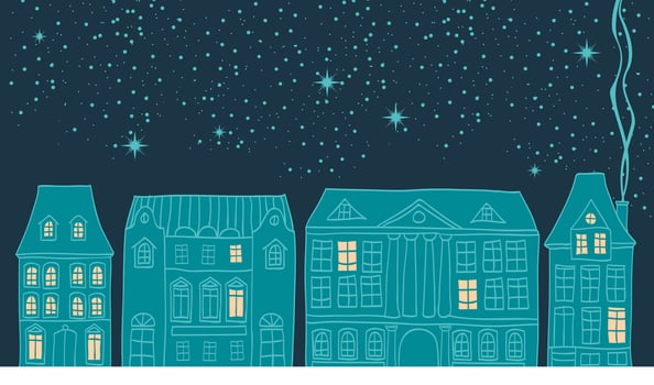 A blue night sky with buildings and stars vector