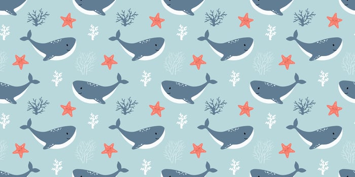 Seamless pattern with sea whale, underwater life, illustrations on blue background. Nautical repeating design for nursery vector