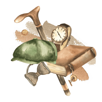 Gentlemen watercolor accessories leather watch,green cap,walking stick,book and cufflinks illustration. Hand drawn isolated male hipster clipart for father's day card, poster, invitation design png