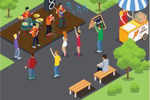 Concert musician illustration in the park isometric icon illustration on isolated background vector
