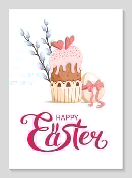 Happy Easter poster with festive cake, pastel eggs, and blooming willow branches. An egg with pink ribbon bow. Perfect spring design for holiday greetings, invitations. flat illustration. vector