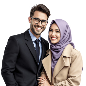 A young man and woman wearing hijab posing for a photo png