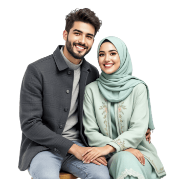 A young muslim couple sitting on a wooden bench png