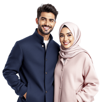 A young man and woman wearing hijab posing for a photo png
