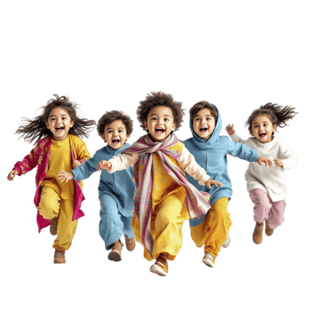Group of children running in colorful clothes png