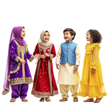 Four children in colorful clothing standing together png