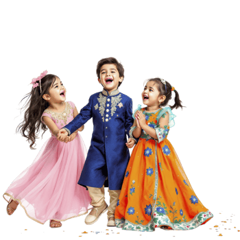Three children in colorful dresses standing together png