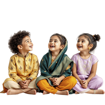 Three children in colorful clothing sitting on the ground png