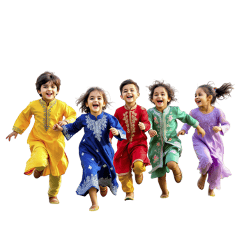 A group of children running in colorful outfits png