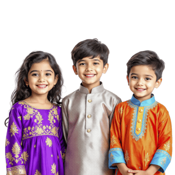 Three children in colorful ethnic clothing png
