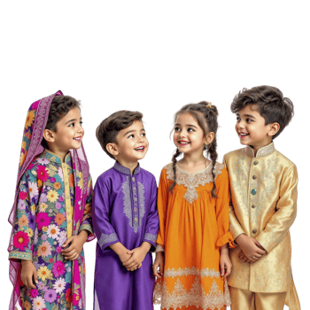 Four children in colorful outfits standing together png