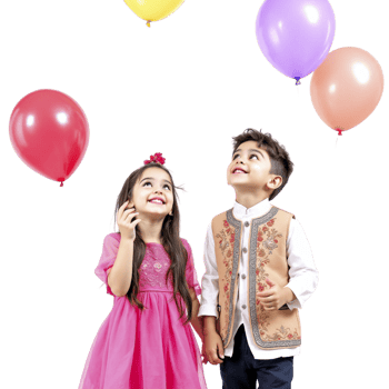 Two children in pink dresses and colorful balloons png