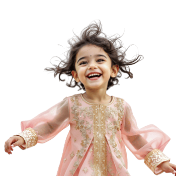 A little girl in a pink dress is smiling png