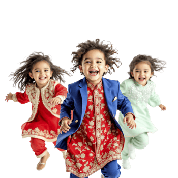 Three children in traditional indian clothing running together png