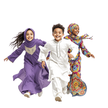 Three children in colorful clothing running together png