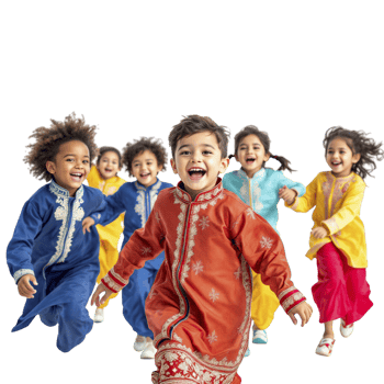 A group of children in colorful clothing running together png