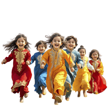 A group of children running in colorful outfits png