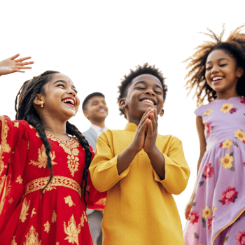 Children in colorful clothing and one holding a phone png