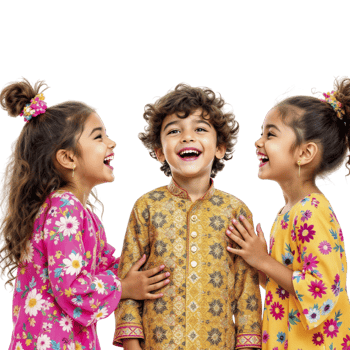 Three children laughing and smiling in colorful clothing png