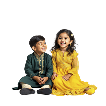 Two children in yellow and green outfits sitting on the floor png