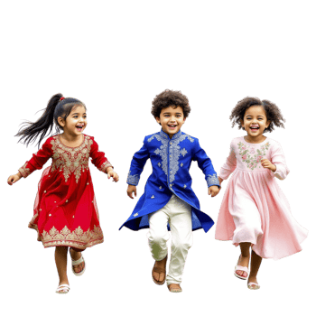 Three children in colorful outfits running together png