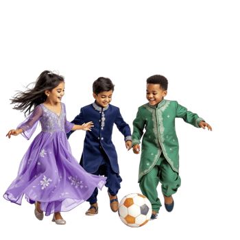Three children in traditional indian clothing playing with a soccer ball png