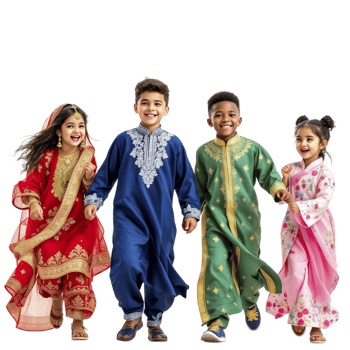 Four children in traditional clothing are running together png