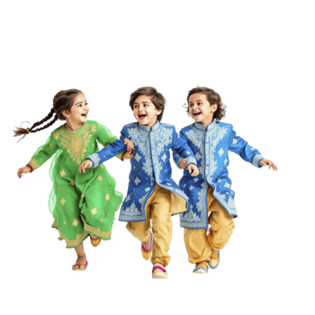 Three children in traditional indian clothing running together png