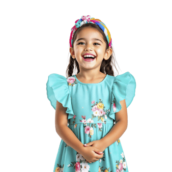 A little girl in a blue dress with flowers on it png