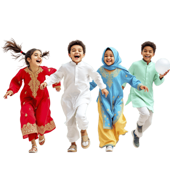 Four children in traditional clothing are running together png