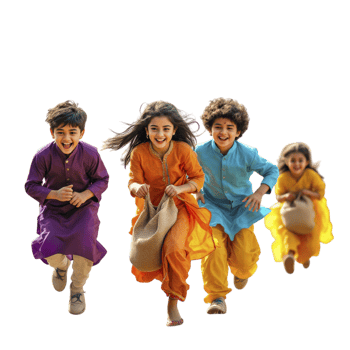 Four children in colorful outfits running together png
