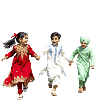 Three children in traditional clothing are running together png
