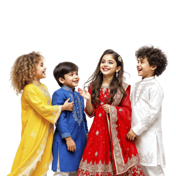 Four children in traditional clothing posing for the camera png