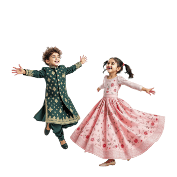Two children in traditional indian clothing jumping png