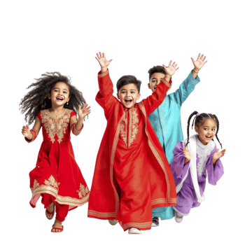 Four children in colorful clothing are running together png