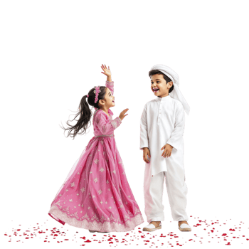Two children dressed in traditional clothing are standing in front of a black background png