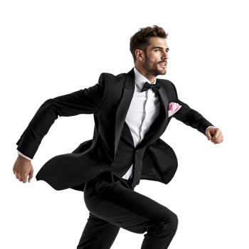 A man in a tuxedo running in a black background png