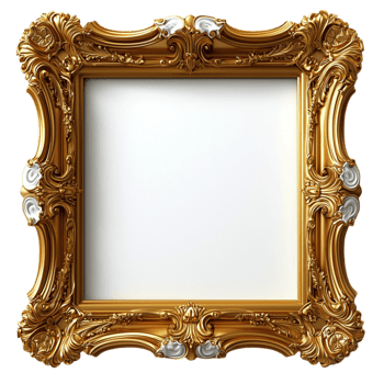 Ornate gold picture frame with intricate detailing and empty center png