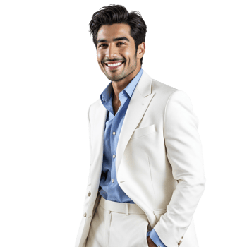 A man in a white suit and blue shirt png
