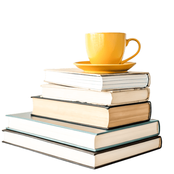Cozy Yellow Cup of Tea on Stack of Books, Reading, Education Concept png