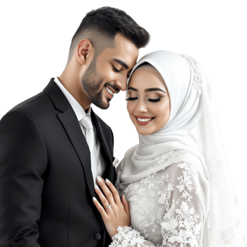 A man and woman in wedding attire are posing together png