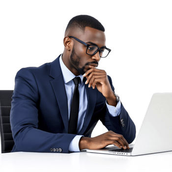 A black man in a suit and glasses is working on his laptop png