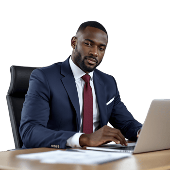 A man in a suit and tie sitting at a desk with a laptop png