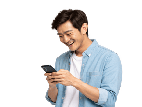 Happy young Asian man using cell phone, smiling joyfully while texting png