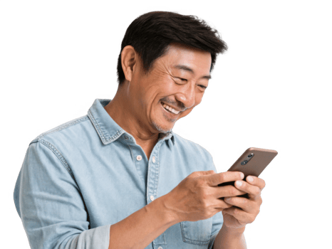 Happy Asian man using cell phone, smiling with joy and excitement png