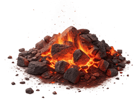 Burning coals with glowing embers and smoke, creating dramatic scene png